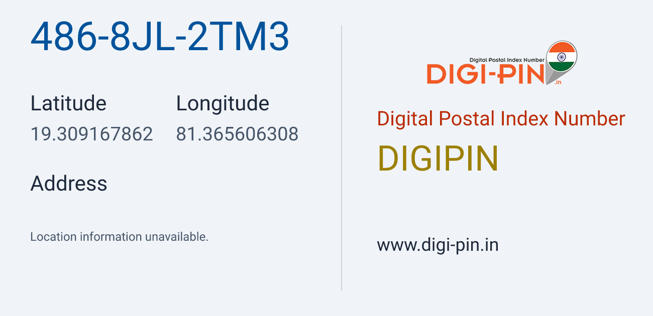 DigiPin 486-8JL-2TM3 location map showing coordinates 19.309168, 81.365606