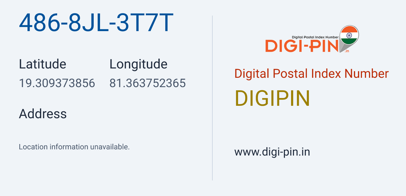 DigiPin 486-8JL-3T7T location map showing coordinates 19.309374, 81.363752
