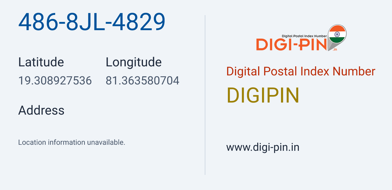 DigiPin 486-8JL-4829 location map showing coordinates 19.308928, 81.363581