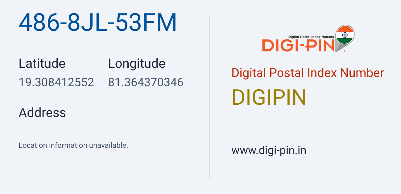 DigiPin 486-8JL-53FM location map showing coordinates 19.308413, 81.364370