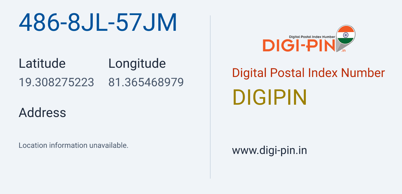 DigiPin 486-8JL-57JM location map showing coordinates 19.308275, 81.365469