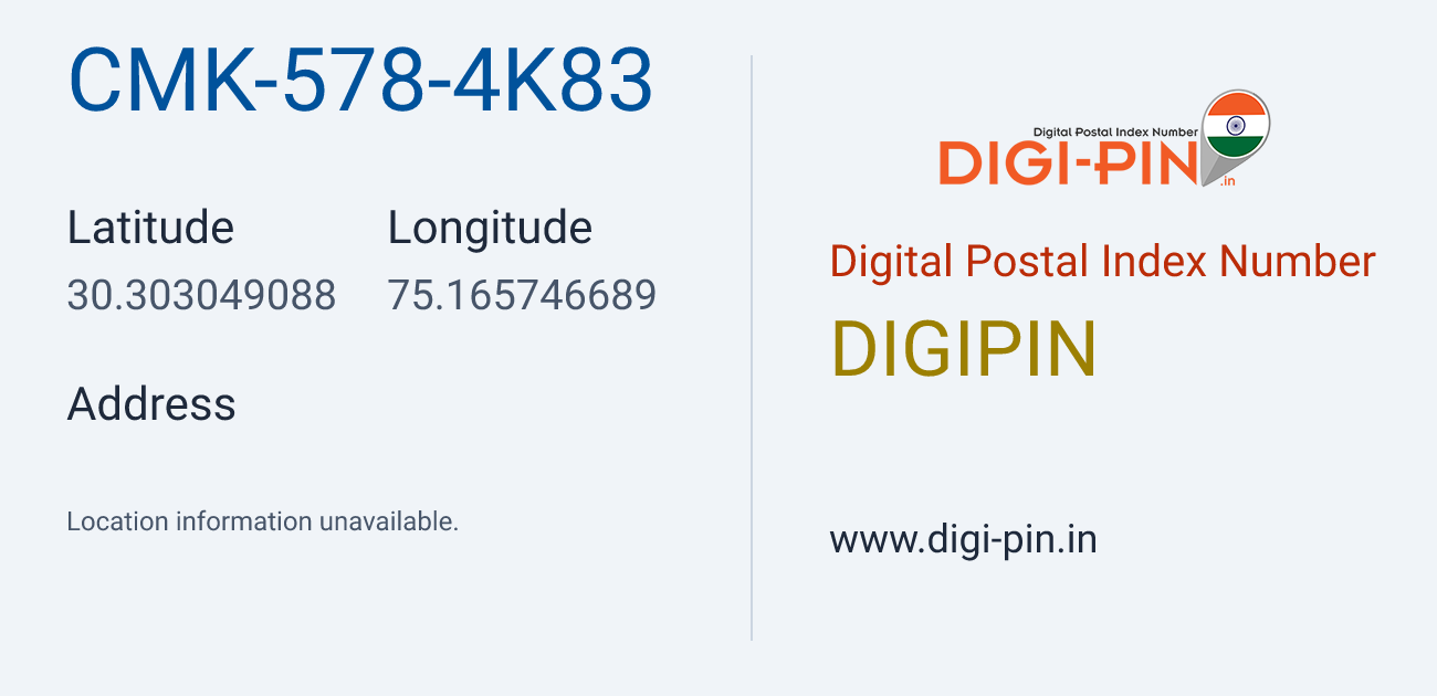 DigiPin CMK-578-4K83 location map showing coordinates 30.303049, 75.165747