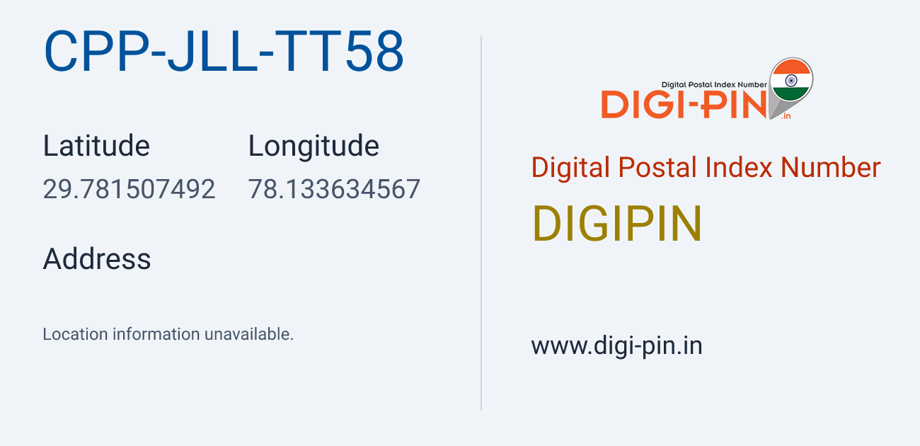 DigiPin CPP-JLL-TT58 location map showing coordinates 29.781507, 78.133635