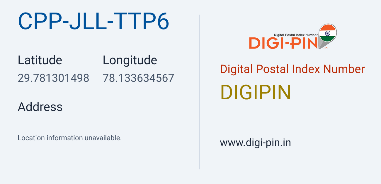 DigiPin CPP-JLL-TTP6 location map showing coordinates 29.781301, 78.133635